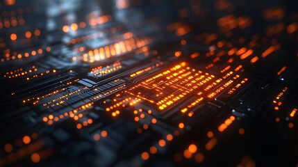 Obraz premium A close-up view of a circuit board with glowing orange elements, showcasing technology.