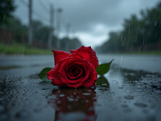 Zerbrechliche Schönheit: Eine rote Rose im Regen auf Asphalt