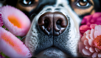 Close-up of dog nose surrounded by colorful flowers, charming and playful pet portrait, nature and animal photography	