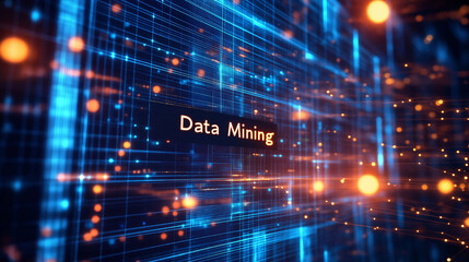 Obraz premium Abstract digital grid with glowing dots and the words Data Mining.