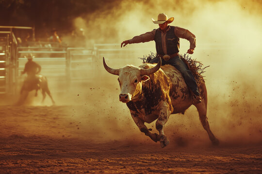 A cowboy bravely rides a bucking bull at a lively rodeo competition under a golden sunset