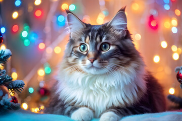 Warm holiday scene with serene cat and decorations