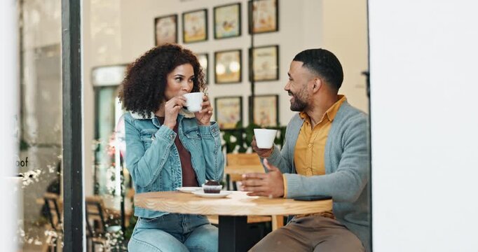 Coffee, talking and people in cafe for first date bonding together with flirting connection. Happy, conversation and young man and woman drink cappuccino at restaurant in morning for romantic time