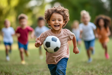 Obraz premium Joyful moments of children playing football in a sunny park