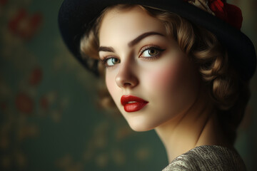 Fototapeta premium A captivating retro portrait of a lovely woman with elegant curls, wearing a stylish hat, set against a vintage floral backdrop