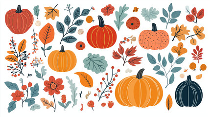 A whimsical collection of pumpkins, leaves, berries, and flowers in warm autumnal hues.