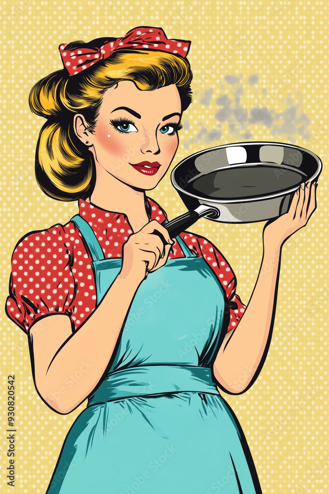 Wall mural A retro pop art girl in an apron holding a frying pan, exuding charm and nostalgia in a vibrant kitchen setting