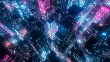 Obraz premium A futuristic cityscape bathed in glowing blue and pink neon lights, seen from a high-angle perspective.