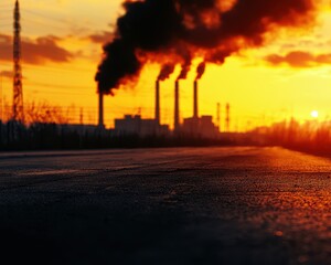 A sunset silhouette of smokestacks releasing black smoke, highlighting industrial pollution against a vibrant sky.