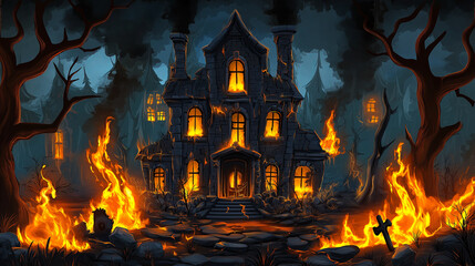 A haunted house engulfed in flames, casting an eerie glow on the surrounding forest.