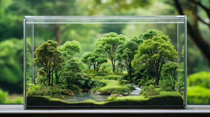 A miniature forest scene with a winding stream, lush greenery, and miniature trees, all enclosed in a glass terrarium.
