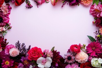 A vibrant floral frame featuring a variety of pink and purple flowers, perfect for adding a touch of elegance to any design.