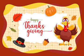 Background of thanksgiving celebration hand drawn design with turkey, pumpkin, and hat