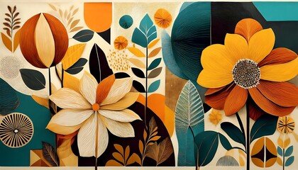 Mid-Century Floral Abstract background - A collage featuring floral designs in a mid-century modern motifs with flowers - daisies and tulips. Graphic art illustration