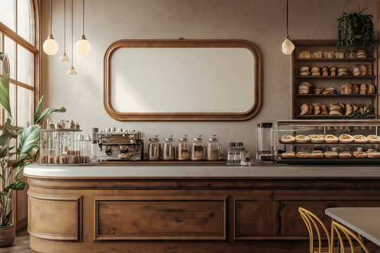 A cozy pastry shop featuring an empty display board and a beautifully arranged bakery counter at dawn