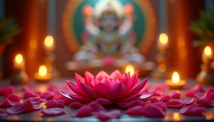 Decorative Janmashtami background with sacred lotus petals and glowing lights