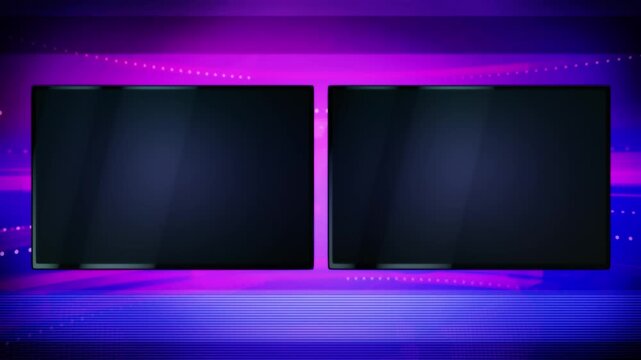 TV news background graphics panel, with two monitors and copy space for titles. A 3D render backdrop video loop, ideal for broadcasting reports, or live talk show meetings