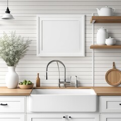 interior Artificial white frame in farmhouse kitchen, 3d rendered white frame mockup