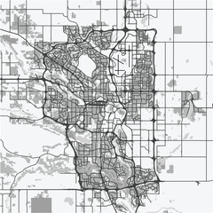 Naklejka premium Map of Calgary in Canada in grayscale. Contains layered vector with roads water, parks, etc.