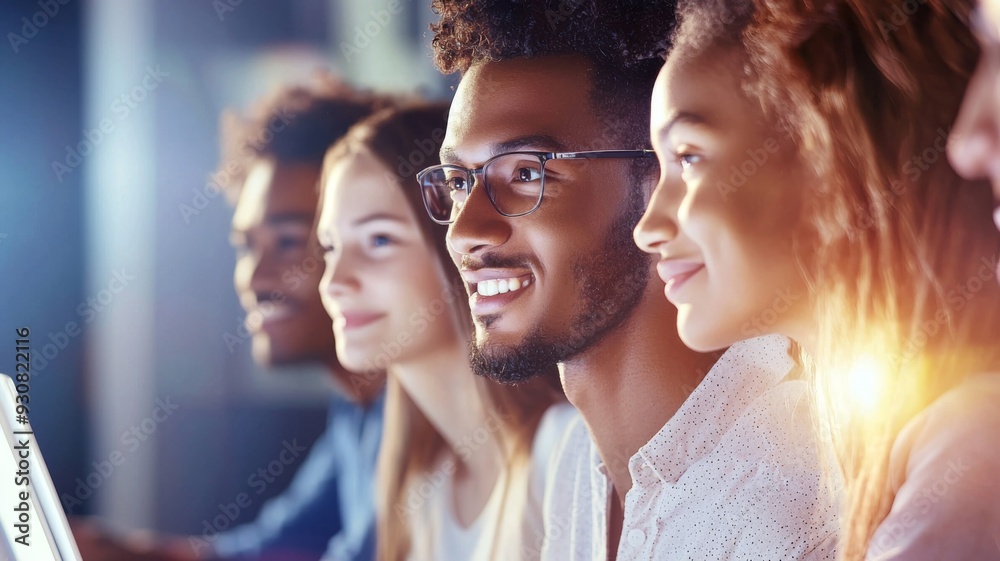 Poster A group of people are sitting together and smiling at a computer screen