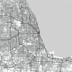 Map of Chicago in Illinois in grayscale. Contains layered vector with roads water, parks, etc.