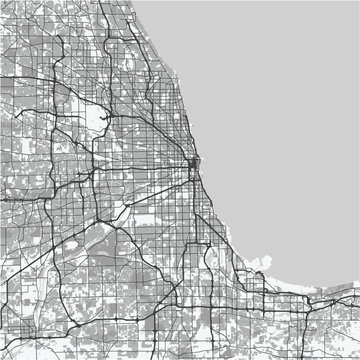 Map of Chicago in Illinois in grayscale. Contains layered vector with roads water, parks, etc.