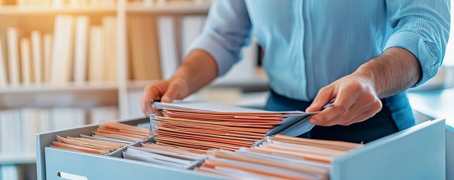 Business manager arranging files in a cabinet, organization, keeping important documents accessible