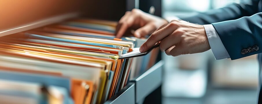 Business manager arranging files in a cabinet, organization, keeping important documents accessible