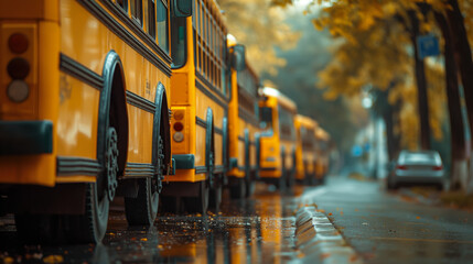 A row of yellow school buses parked along a tree-lined street on a rainy day, evoking a back-to-school atmosphere and the daily routine of students.