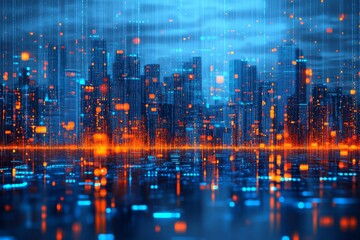 Naklejka premium Futuristic cityscape with glowing skyscrapers reflecting in a calm water surface representing the vibrant energy and modernity of urban life in a technologically advanced society