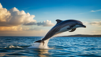 Obraz premium Image of a Dolphin breaching out of the water. It captures the majestic moment as the whale leaps into the air, surrounded by splashing water and the sunlit ocean