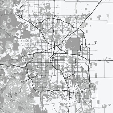 Map of Denver in Colorado in grayscale. Contains layered vector with roads water, parks, etc.