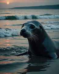 Fototapeta premium Retrato foca nadando en el mar con una puesta de sol de fondo