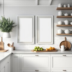 interior Artificial white frame in farmhouse kitchen, 3d rendered white frame mockup