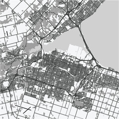 Map of Hamilton in Canada in grayscale. Contains layered vector with roads water, parks, etc.