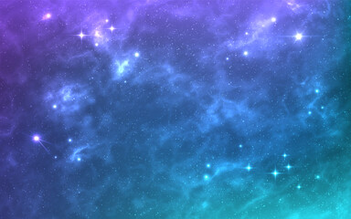 Fototapeta premium Nebula background. Realistic cosmos wallpaper. Bright glowing stars. Beautiful starry universe. Sparkling space dust and clouds. Fantasy cosmic texture. Vector illustration.