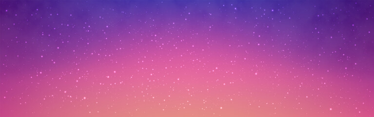 Starry sky background. Wide sunset texture with stars. Beautiful night poster with nebula clouds. Soft gradient sky. Milky way wallpaper. Shiny space banner. Vector illustration.