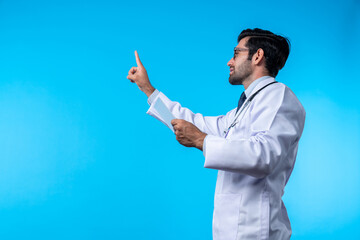 Side view of smart doctor pointing and checking and looking at chart or application form. Professional doctor diagnosis and analysis medical data while wearing lab coat and stethoscope. Deviation.