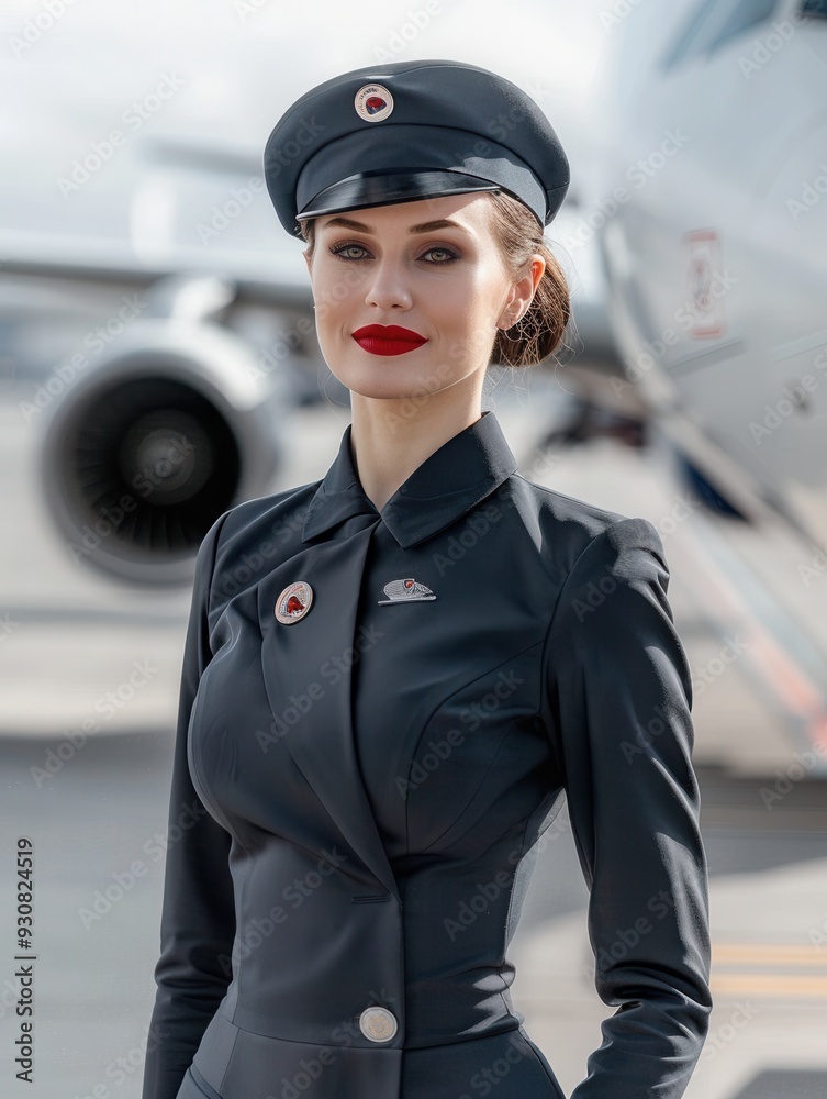 Poster a flight attendant poses on the tarmac next to a jet, wearing a stylish uniform and preparing to wel