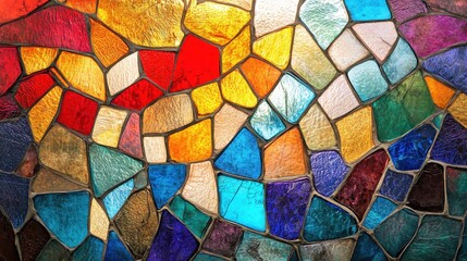 A colorful mosaic wall texture blends various hues under warm afternoon sunlight