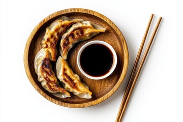 gyoza or dumplings snack with soy sauce from top view, shutterstock style, isolated on white background