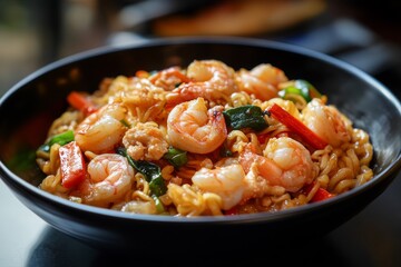 Indonesian cuisine prawn noodles and vegetables stir fried dish in black bowl
