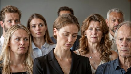 Silent mourning group with somber expressions against neutral background