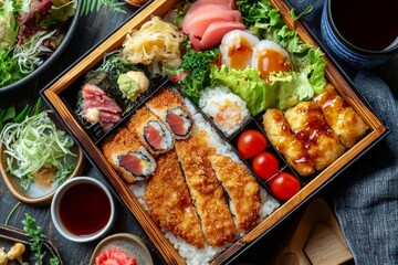 Japanese Combination Bento Box with Cutlet, Sushi, Gyoza, Salad & Steamed Rice, a cup of ocha