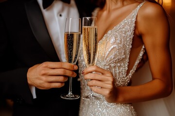 Elegant bride and groom clinking champagne glasses in celebration capturing the joy and sophistication of their wedding day in a glamorous and luxurious moment