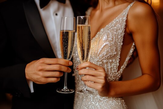 Elegant bride and groom clinking champagne glasses in celebration capturing the joy and sophistication of their wedding day in a glamorous and luxurious moment