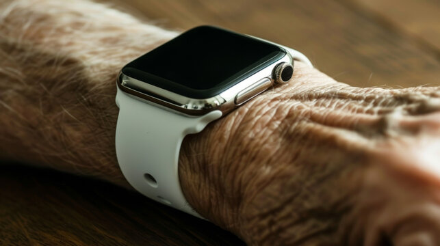 Modern smartwatch on elderly person's wrist showing health tracking features. Elderly person use new technology concept
