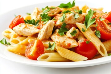 Penne pasta in sauce tomatoes with chicken, tomatoes garnished with parsley, isolated on white background