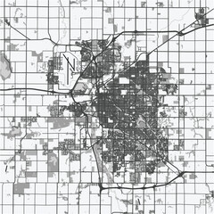 Map of Lincoln in Nebraska in grayscale. Contains layered vector with roads water, parks, etc.