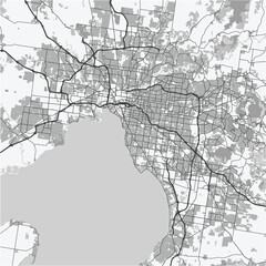 Obraz premium Map of Melbourne in Australia in grayscale. Contains layered vector with roads water, parks, etc.